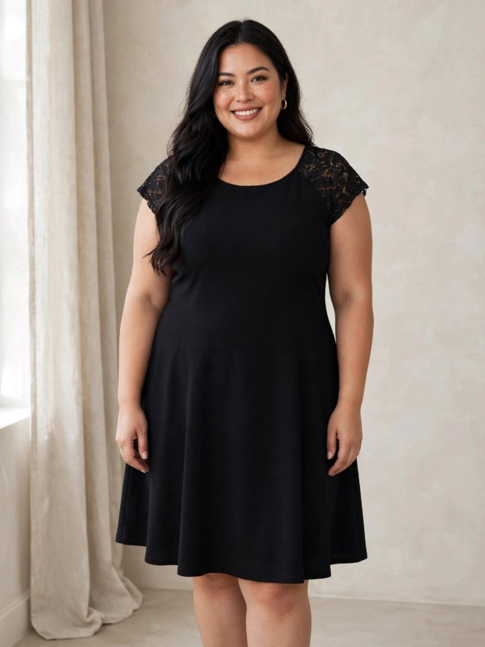 Dex 2X Black Dress Lace Sleeves Elegant Midi Scoop Neck